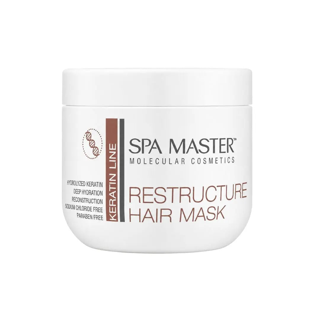 Spa Master keratinmask i vit burk med vitt lock och brun Keratin Line-etikett