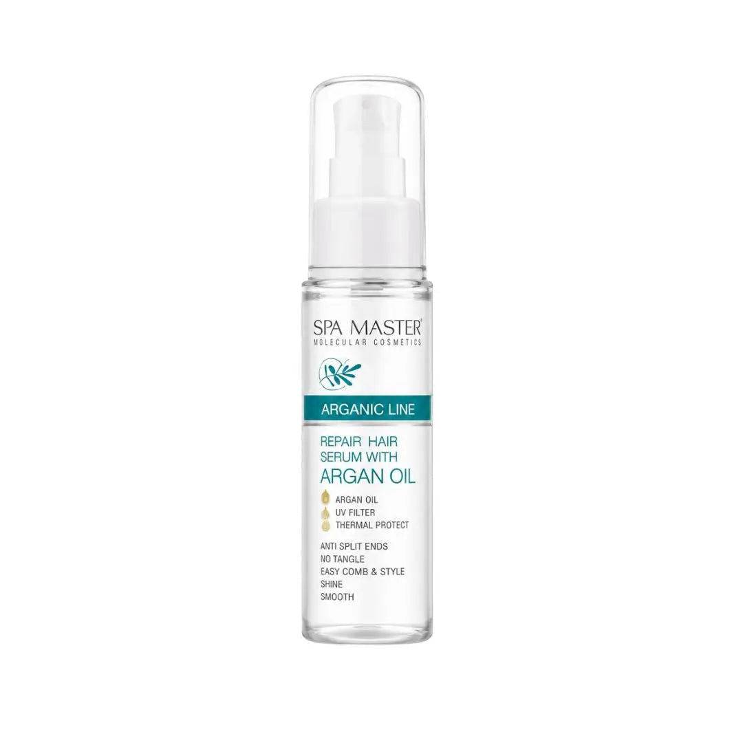 Spa Master arganserum i genomskinlig pumpflaska med vit pump och turkos etikett