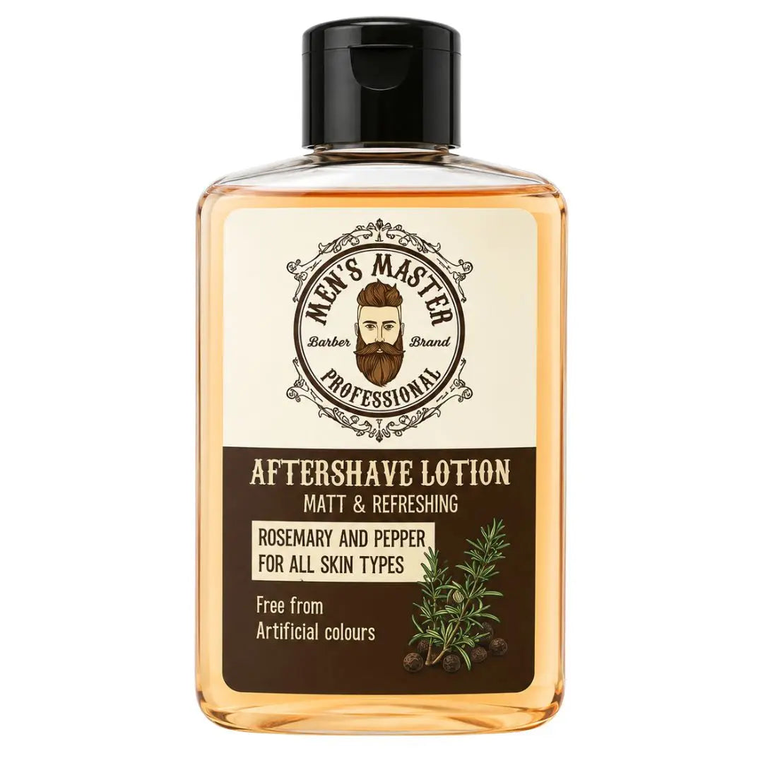 Men's Master aftershavelotion i genomskinlig flaska med svart kork och rosmarin på etiketten