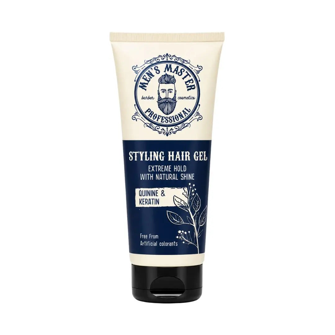 Men's Master hårgelé med kinin och keratin i beige och mörkblå tub med svart kork