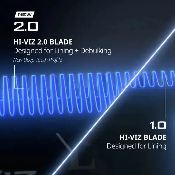 Jämförelse mellan Hi-Viz 2.0-bladets djupare tandprofil och Hi-Viz 1.0