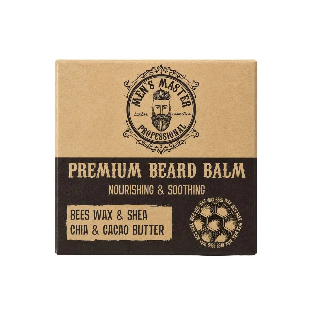 Men's Master skäggbalsam i beige och mörkbrun kartong med bivax, shea, chia och kakaosmör angivet på framsidan
