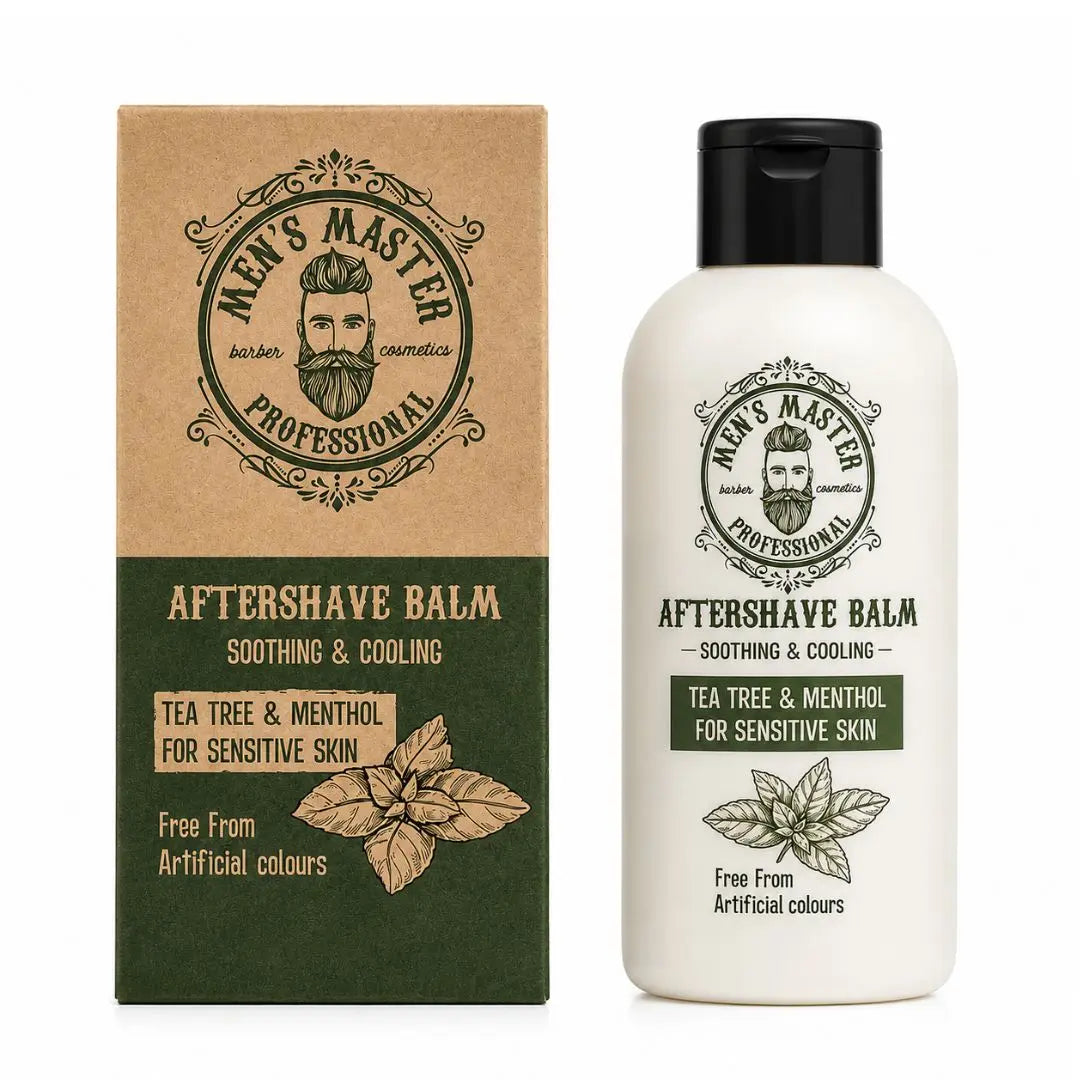 Men's Master aftershavebalsam i vit flaska med svart kork och grön kartong för känslig hud