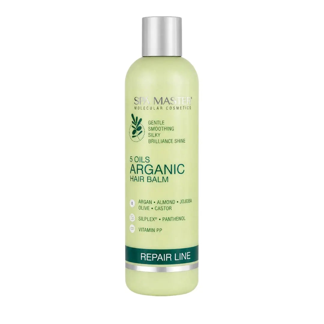 Spa Master 5 Oils Arganic Hair Balm i ljusgrön flaska med silverfärgad kork och grön Repair Line-etikett