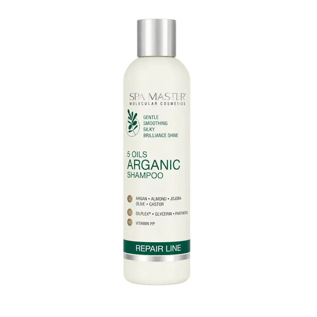 Spa Master 5 Oils Arganic Shampoo i vit flaska med silverfärgad kork och grön Repair Line-etikett