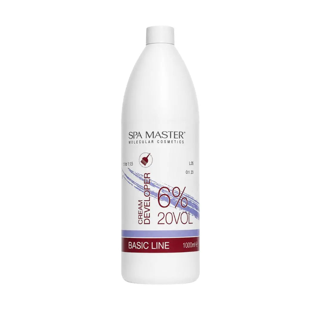 Spa Master oxidationskräm 6% (20 vol) i vit flaska med röd Basic Line-etikett