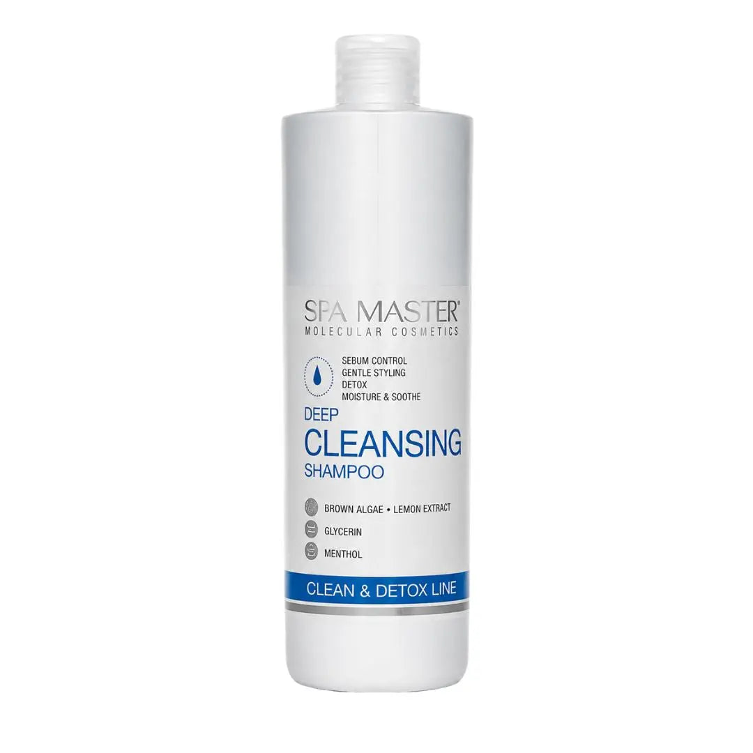 Spa Master Deep Cleansing Shampoo 970 ml i vit flaska med blå text och Clean & Detox Line-etikett
