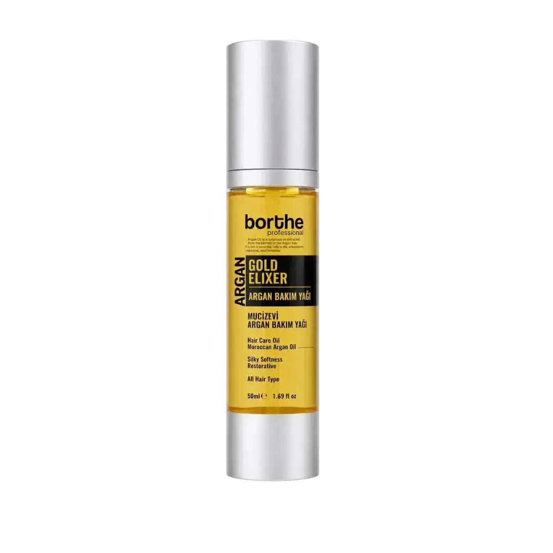 Borthe professional argan gold elixer hårolja 50 ml – gul flaska med silverfärgat lock