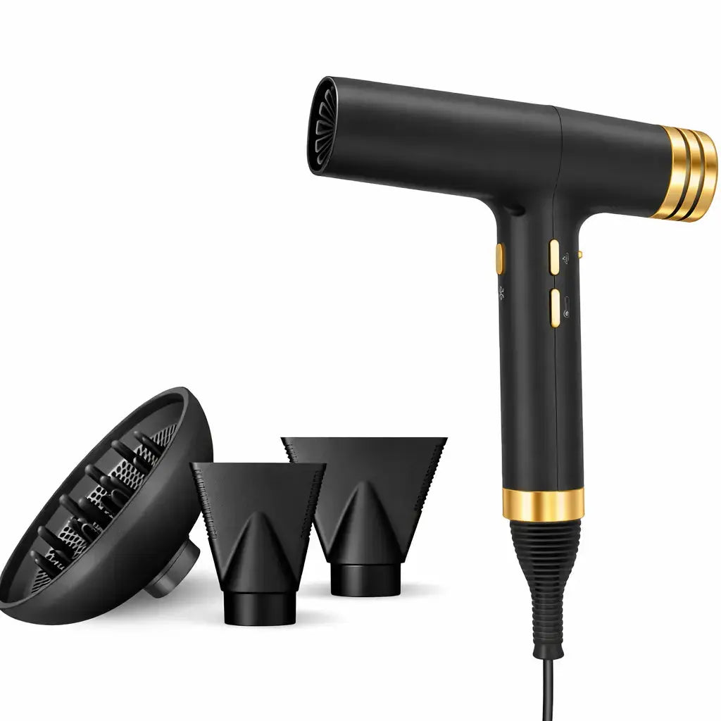 Ionic ultra-light hårfön i svart med guldfärgade detaljer, avbildad med diffusor och två munstycken