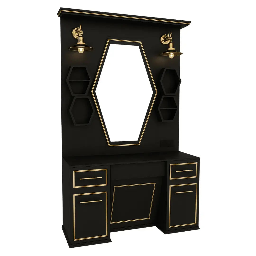 Barberarstation Svart & Guld – Lyxigt Spegelbord BarberCity