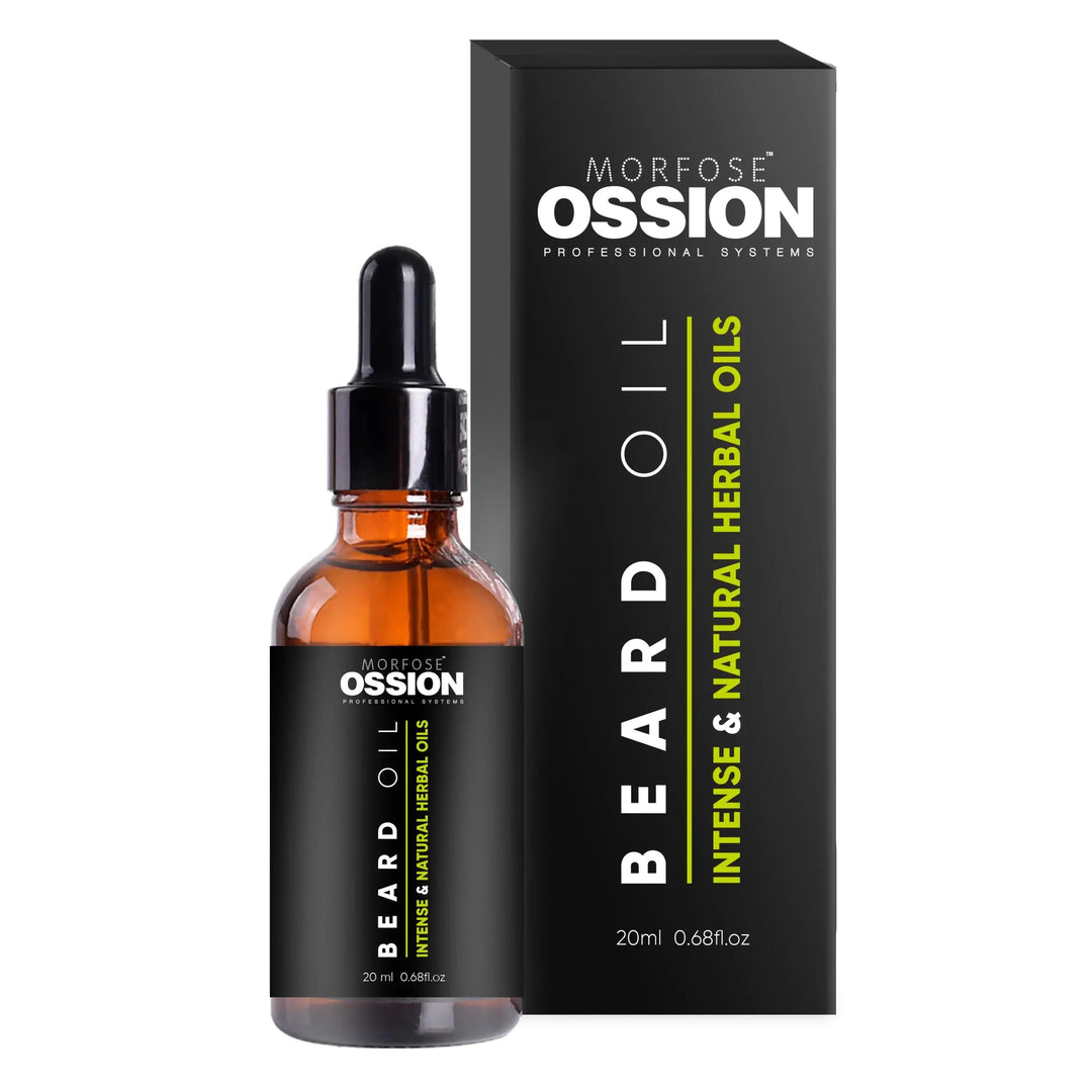 Ossion beard care oil skäggolja 20 ml i brun pipettflaska med svart ytterkartong