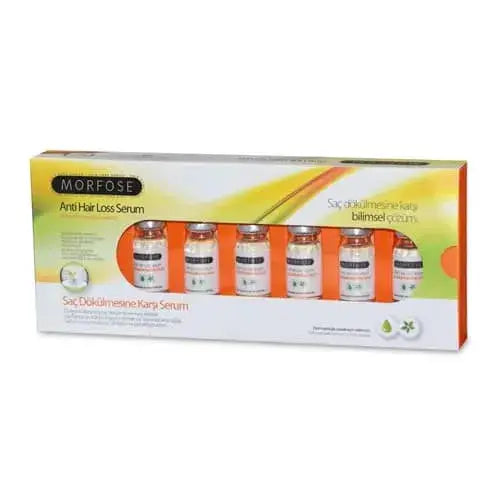 Morfose anti hair loss serum med sex ampuller à 10 ml i gul och vit kartong