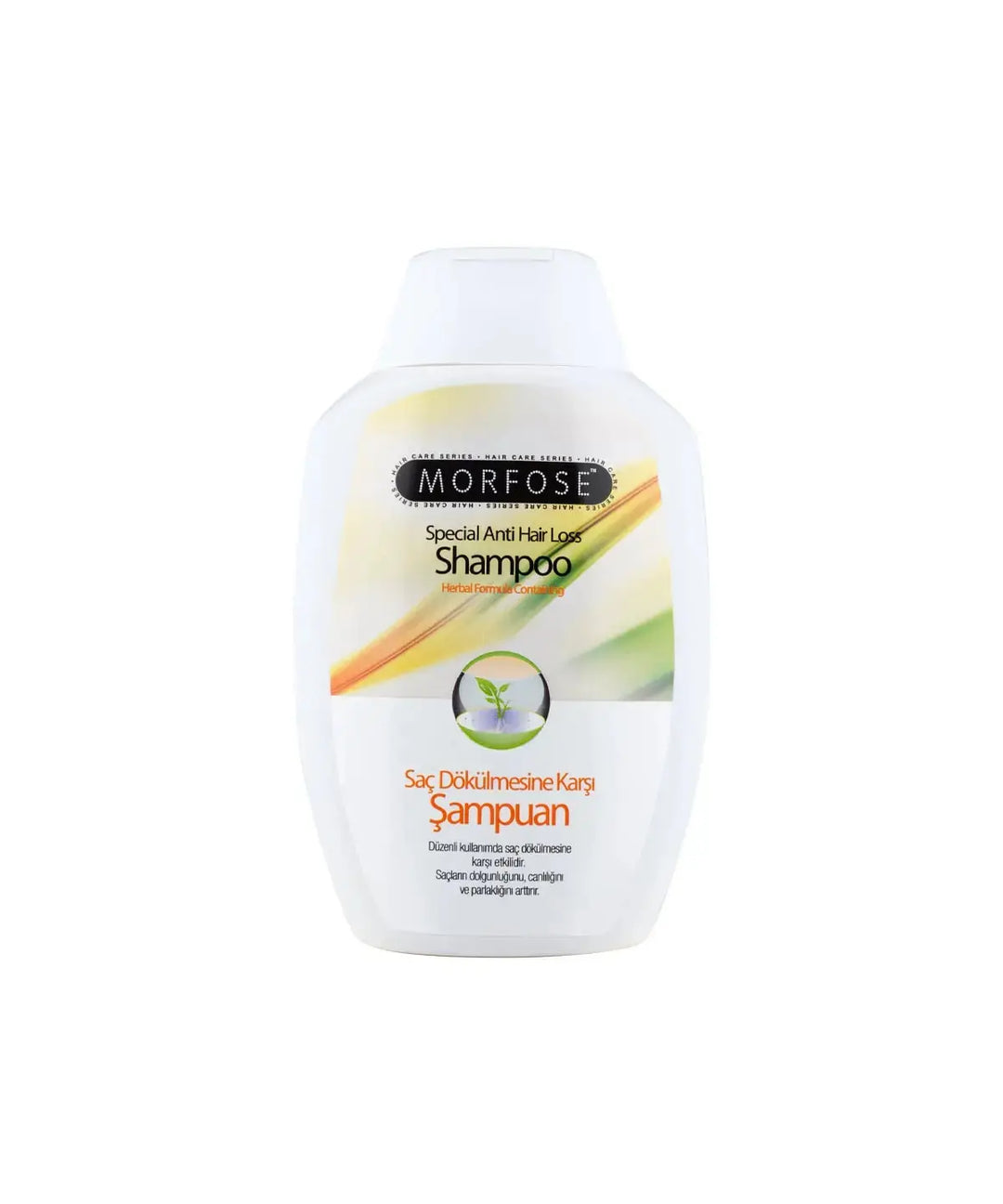 Morfose special anti hair loss schampo 300 ml i vit flaska med gul och grön etikett