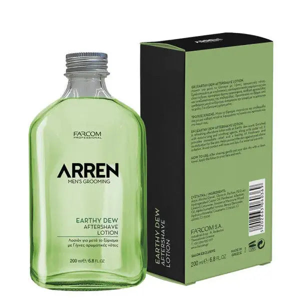Arren earthy dew aftershave lotion 200 ml med användningsanvisningar på kartongens baksida