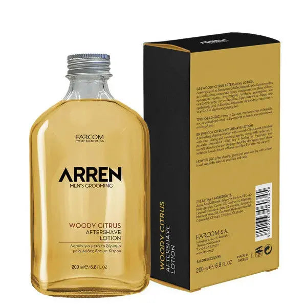 Arren woody citrus aftershave lotion 200 ml med användningsanvisningar på kartongens baksida
