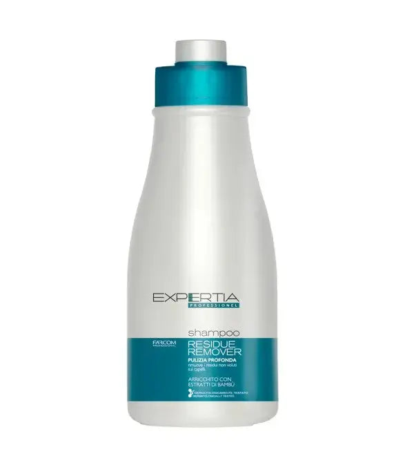 Expertia residue remover schampo 1500 ml i vit flaska med blå etikett och blått lock