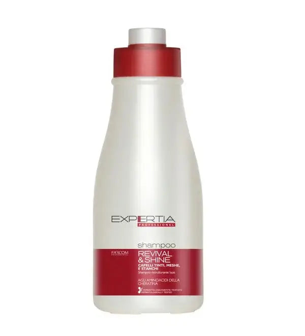 Expertia revival & shine schampo 1500 ml i vit flaska med röd etikett och rött lock